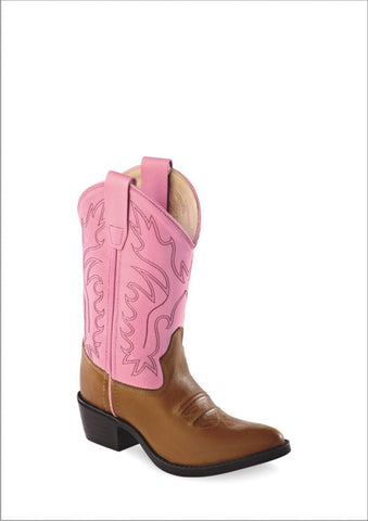 Old West Pink Childrens Girls Leather Narrow J Toe Cowboy Western Boots