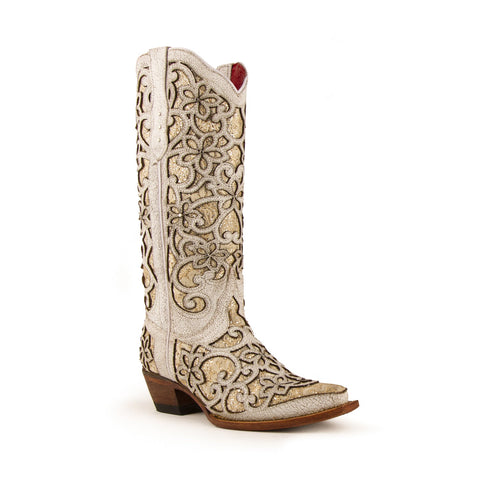 Ferrini Ladies Distressed White Leather Bliss V-Toe Cowboy Boots