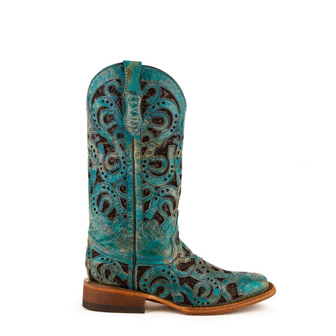 Ferrini Ladies Turquoise Leather Horseshoe S-Toe Cowboy Boots