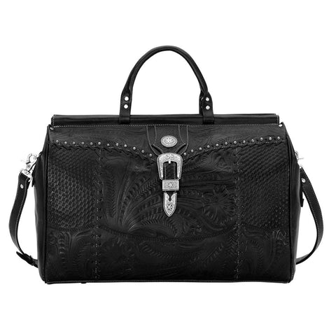 American West Retro Romance Black Tooled Leather Carry-On Duffel Bag