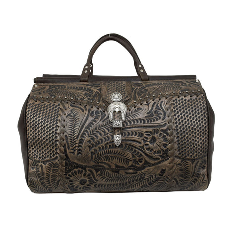 American West Retro Romance Distressed Charcoal Leather Carry-On Duffel Bag