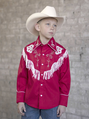Rockmount Kids Boys Red 100% Cotton Embroidered Fringe L/S Shirt