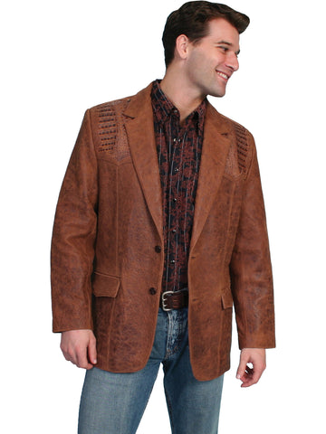 Scully Leather Mens Lambskin Caiman Inlays Two Button Blazer Brown