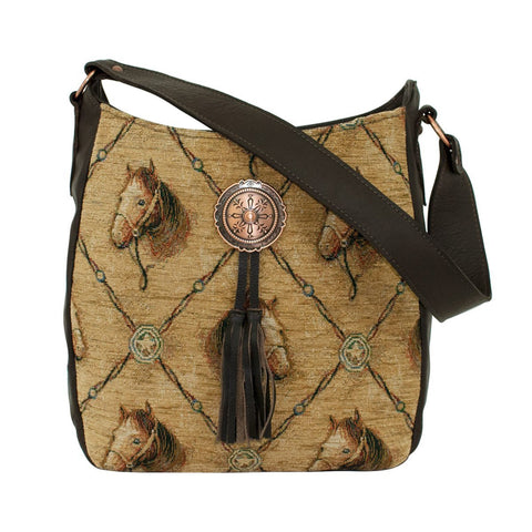 American West Bits and Bridle Tapestry Leather Horse Shoulder Hobo Bag