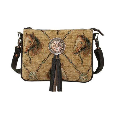 American West Bits and Bridle Tapestry Leather Horse Crossbody Bag