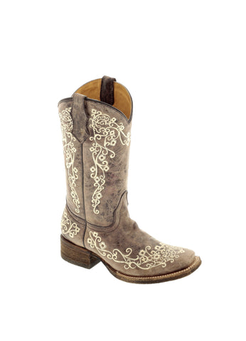 Corral Teen Embroidery Brown Cowhide Leather Cowgirl Boots