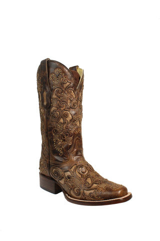 Corral Ladies Inlay Brown Cowhide Leather Cowgirl Boots