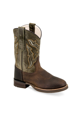 Old West Green/Brown Kids Boys Leather Cowboy Boots