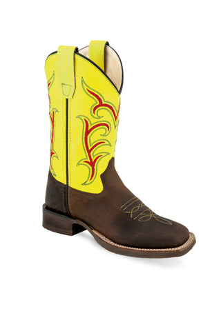 Old West Yellow/Brown Youth Boys Leather Western Cowboy Boots