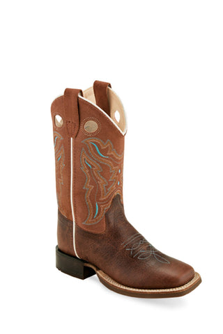 Old West Brown/Tan Youth Boys Leather Buckaroo Cowboy Boots