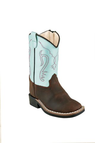 Old West Brown/Silver Blue Toddler Girls Leather Cowboy Boots