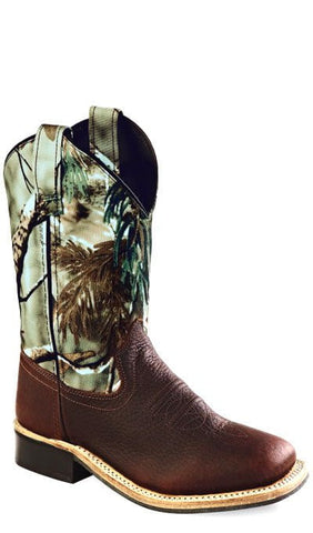 Old West Camo Youth Boys Carona Leather Broad Square Toe Cowboy Boots