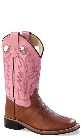 Old West Pink Youth Girls Carona Leather Broad Square Toe Cowboy Boots