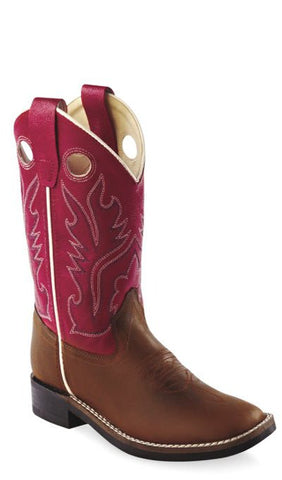 Old West Red Youth Boys Distress Leather Broad Square Toe Cowboy Boots
