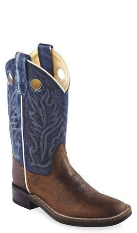 Old West Blue Youth Boys Oily Leather Broad Square Toe Cowboy Boots