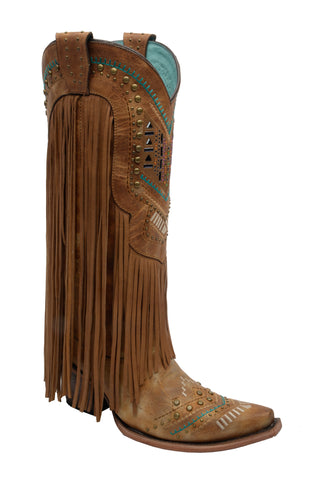 Corral Boots Womens Leather Crystal Fringe Tan Cowgirl