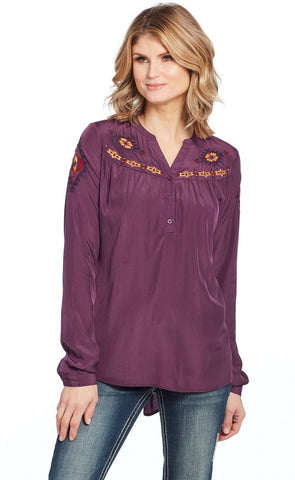 Cowgirl Up Womens Purple Rayon Geometric Henley Blouse L/S
