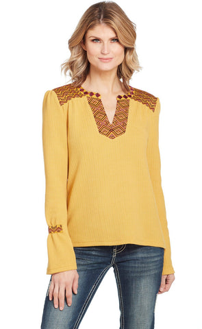 Cowgirl Up Womens Yellow Polyester Geometric Southwestern Blouse L/S