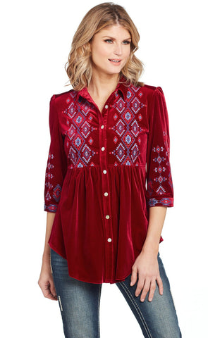 Cowgirl Up Womens Red Polyester Geometric Blouse S/S