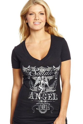 Cowgirl Up Womens Black Cotton S/S T-Shirt Saddle Angel V-Neck