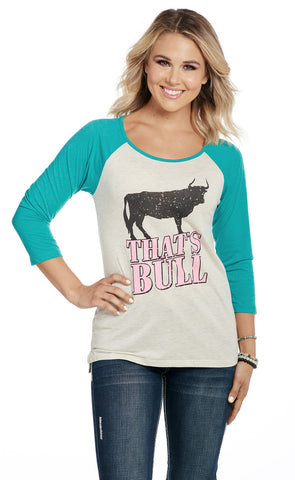 Cowgirl Up Womens That Is Bull Oatmeal/Turquoise Cotton Blend S/S T-Shirt