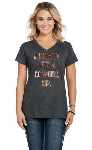 Cowgirl Up Womens Whiskey Down Heather Grey 100% Cotton S/S T-Shirt