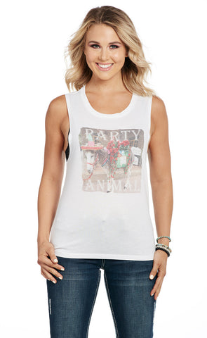 Cowgirl Up Womens Party Animal Flowy White Polyester S/L Tank Top