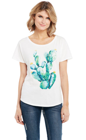 Cowgirl Up Womens Watercolor Cactus White 100% Cotton S/S T-Shirt