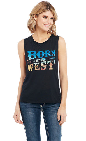 Cowgirl Up Womens Born Out West Muscle Black Polyester S/L T-Shirt
