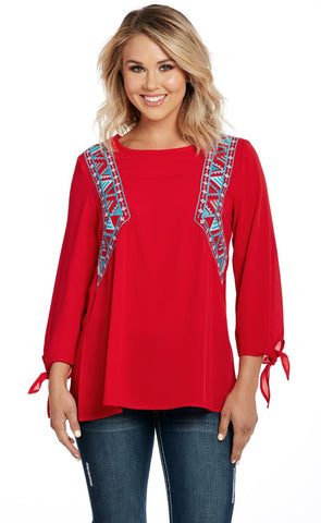 Cowgirl Up Womens Red Polyester Embroidered Top Tunic S/S