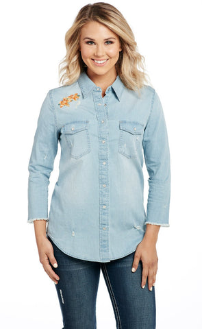 Cowgirl Up Womens Blue Cotton Blend Stonewash Raw Western Shirt S/S