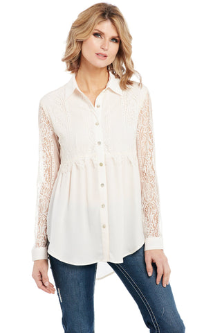 Cowgirl Up Womens White Polyester Lace Sleeves Blouse L/S