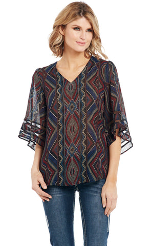Cowgirl Up Womens Multi-Color Polyester Geometric V-Neck Tunic S/S