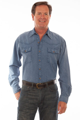 Scully Mens Lt Washed Denim 100% Cotton Western L/S Shirt