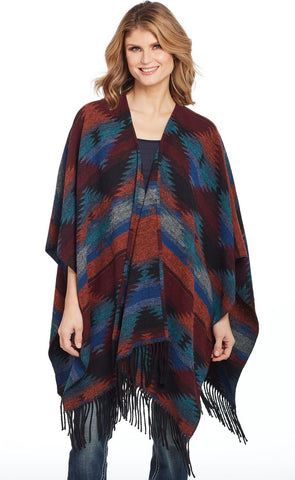 Cripple Creek Womens Turquoise Multi Polyester Vertical Blanket Poncho