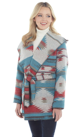 Cripple Creek Womens Navajo Blanket Tie Desert Blue Polyester Fleece Jacket