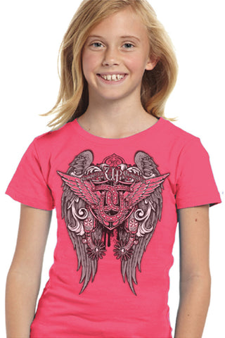 Cowgirl Up Youth Girls Ornate Wings Pink 100% Cotton S/S T-Shirt