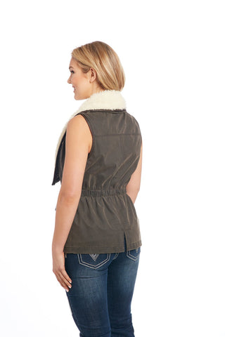 Cripple Creek Womens Rifle Green Cotton Blend Enzyme Washed Fur Vest