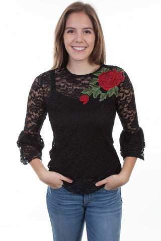 Scully Womens Black Polyester Rose Applique L/S Tunic