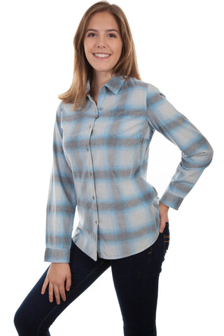Scully Womens Blue/White 100% Cotton Plaid L/S Shirt