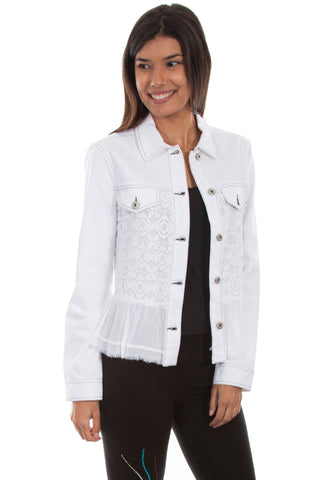 Scully Womens White Cotton Blend Lace Inset Denim Jacket