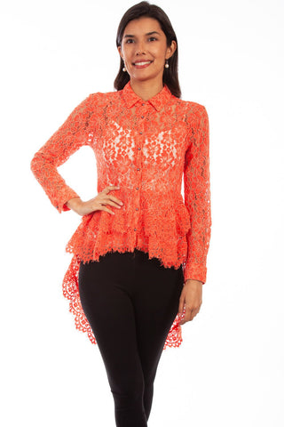 Scully Womens Coral Cotton Blend Double Ruffle L/S Blouse