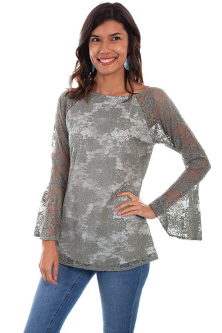 Scully Womens Sage Nylon Floral Lace L/S Tunic