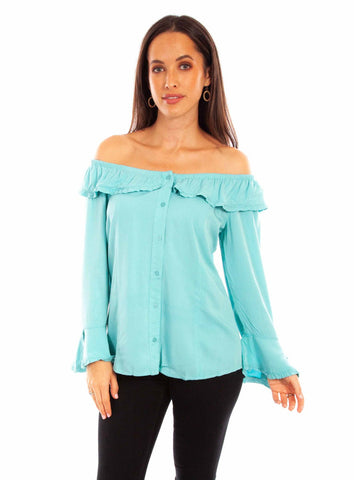 Scully Womens Turquoise Rayon Drapey Ruffle L/S Dress
