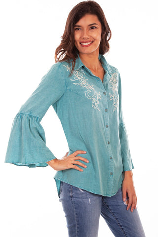 Scully Womens Turquoise Rayon Ivory L/S Blouse