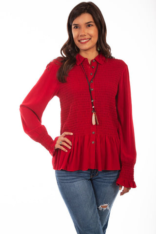 Scully Womens Red 100% Cotton Peplum L/S Tunic