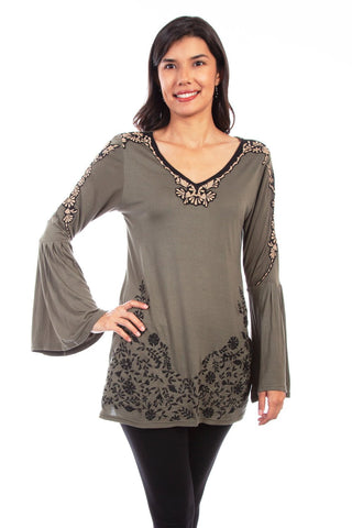 Scully Womens Olive Viscose Floral Tunic L/S Blouse
