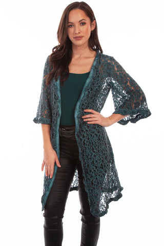 Scully Womens Dark Cyan Cotton Blend Floral Lace Cardigan