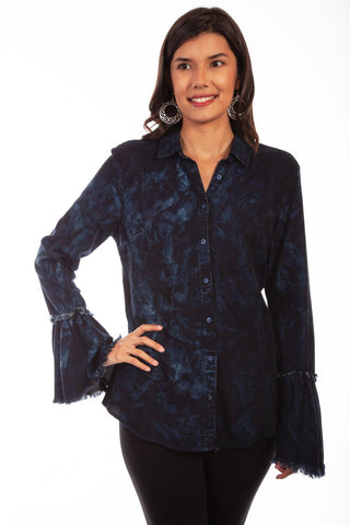 Scully Womens Black/Blue Cotton Blend Washed L/S Blouse