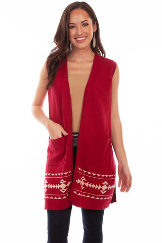 Scully Womens Red/Taupe 100% Cotton Indian Headdress Cardigan